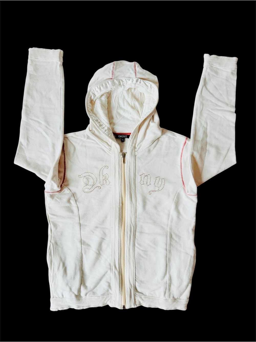 Vintage DKNY full Zip Hoodie cream white Pink Stitching Youth Size 16 women XS